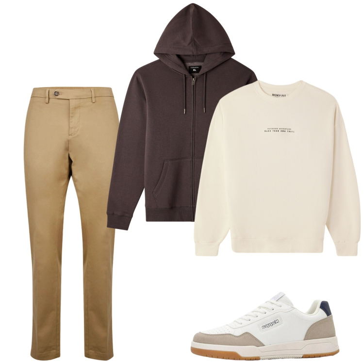 Outfit uomo - Marzo. Stile Casual per Tutti i giorni. Abbinamento con sneakers, felpe, felpe con cappuccio, pantaloni chino.