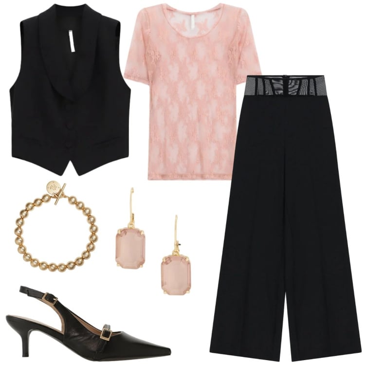 Outfit donna - Imperial - The New Crew ss 2026. Stile Glamour per Serata fuori. Abbinamento con gilet, sandali col tacco, t-shirt, pantaloni a palazzo, braccialetti, orecchini.