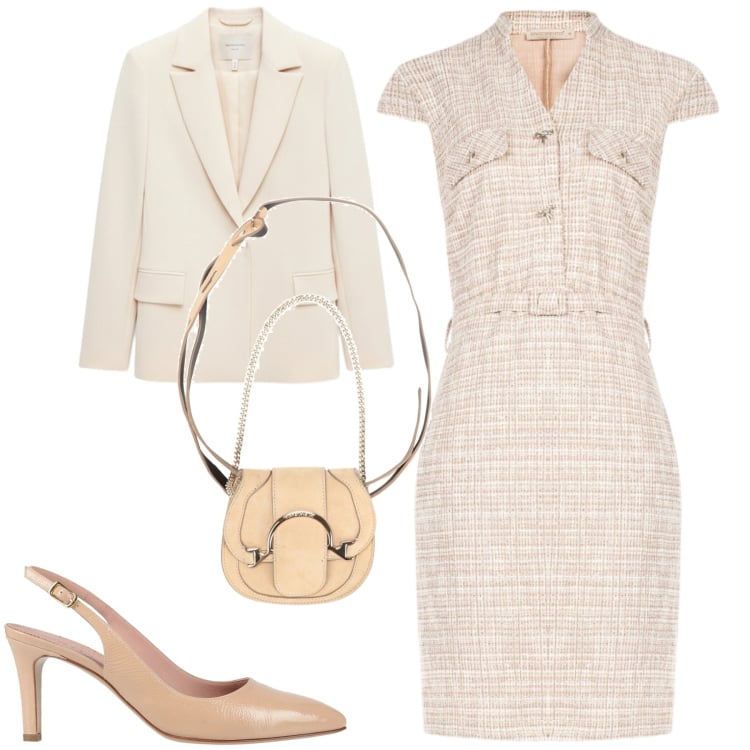 Outfit donna - Elegante s pranzo. Stile Chic per Tutti i giorni. Abbinamento con marsupi, décolleté, vestiti midi/longuette, blazer.