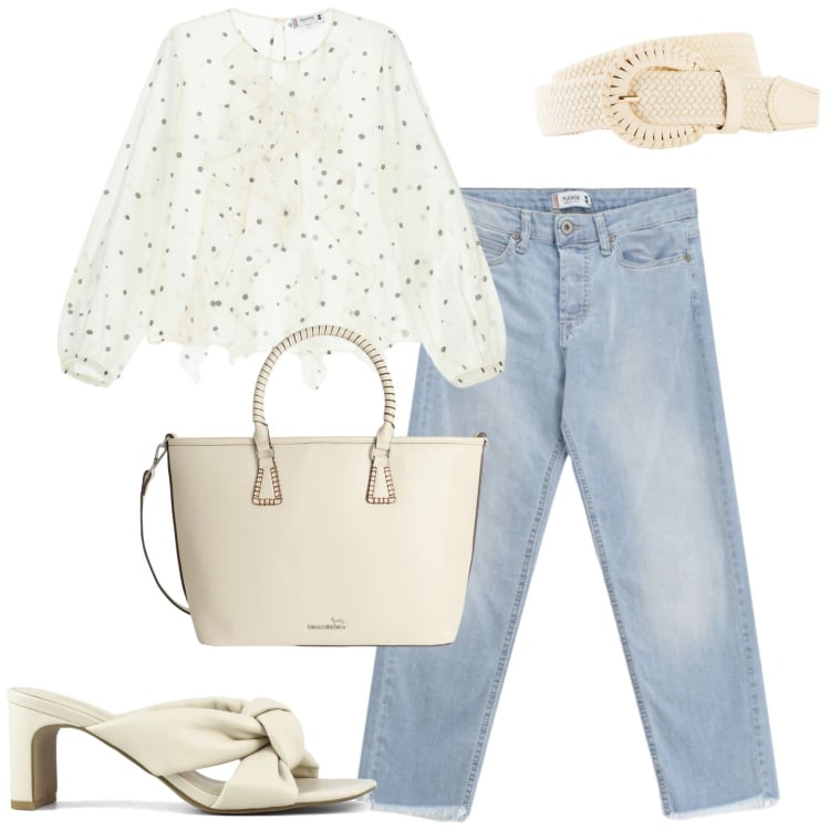 Outfit donna - City. Stile Casual chic per Tutti i giorni. Abbinamento con cinture, shopping bag, bluse, jeans, sandali col tacco.