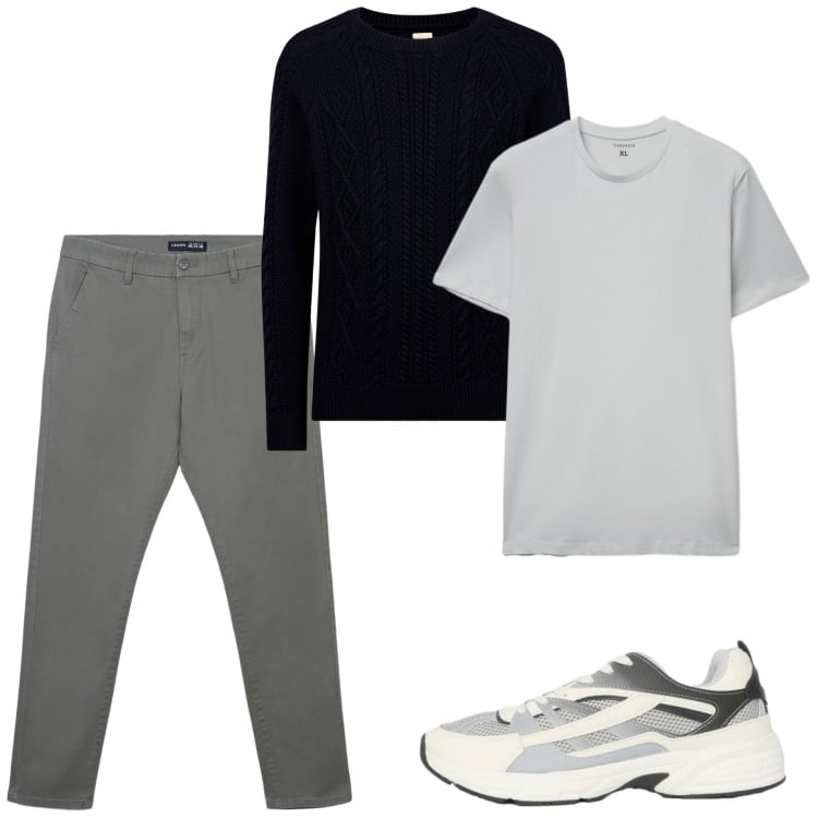 Outfit uomo - Marzo. Stile Casual per Tutti i giorni. Abbinamento con maglieria, pantaloni chino, sneakers, t-shirt.