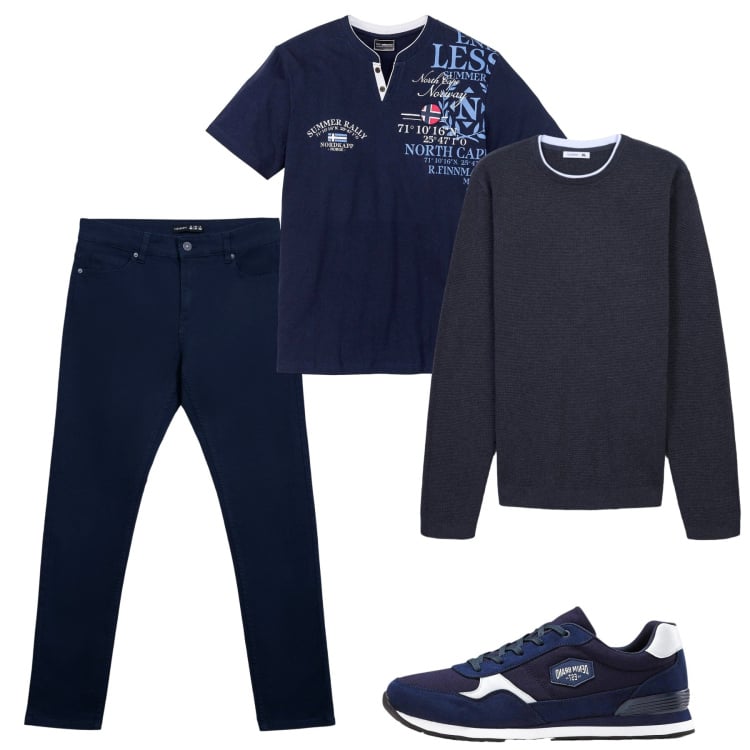 Outfit uomo - Blu casual. Stile Casual per Tutti i giorni. Abbinamento con t-shirt, sneakers, pantaloni skinny, maglieria.