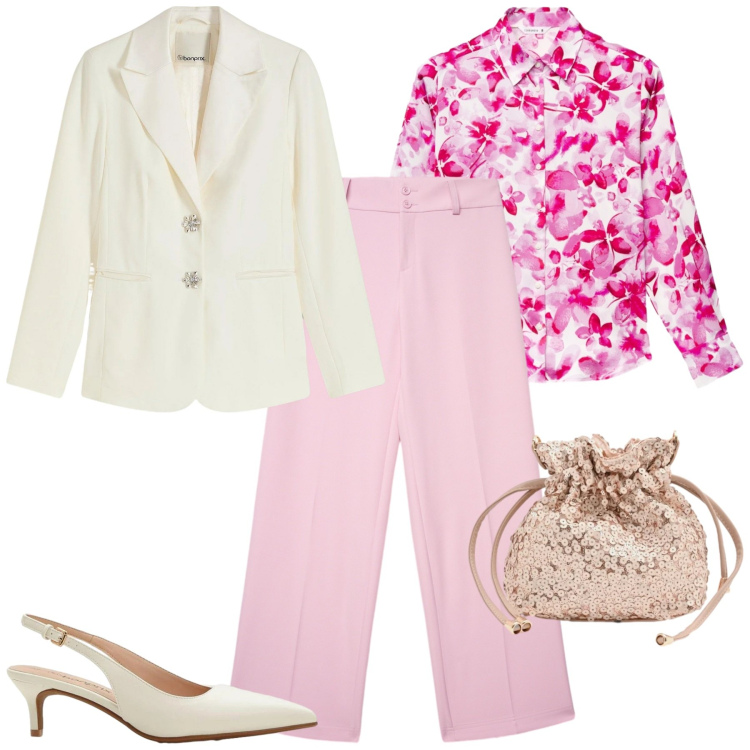 Outfit donna - City. Stile Urban per Tutti i giorni. Abbinamento con blazer, décolleté, camicie, pantaloni, pochette.