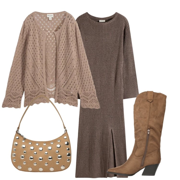 Outfit donna - Noisette. Stile Chic per Tutti i giorni. Abbinamento con vestiti, cardigans, borse a tracolla, stivali.