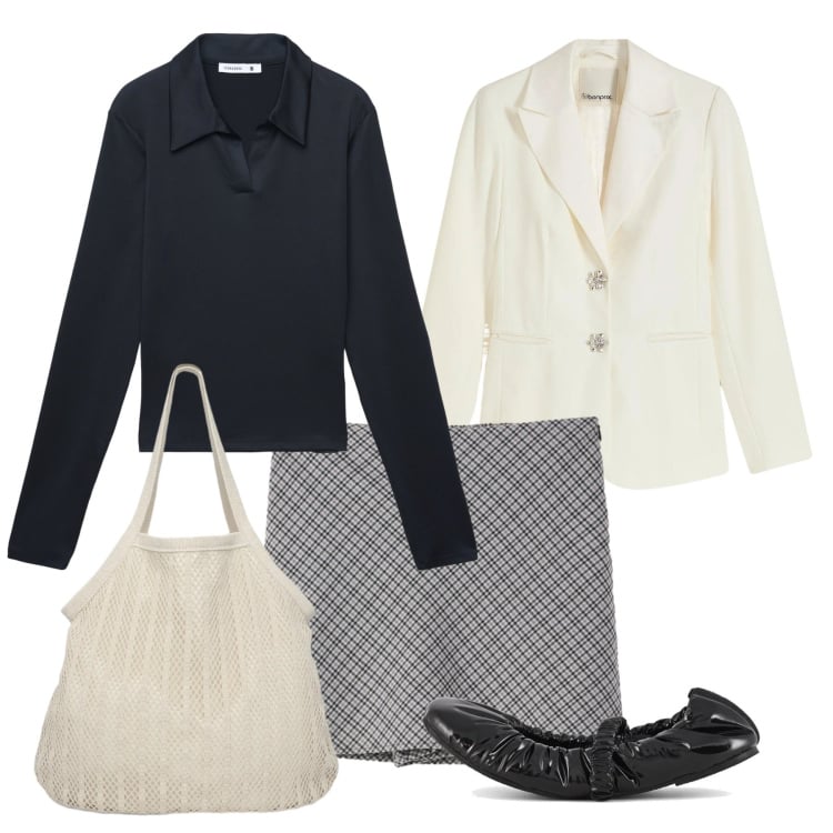 Outfit donna - Black and white. Stile Chic per Tutti i giorni. Abbinamento con blazer, polo, shopping bag, gonne, ballerine.
