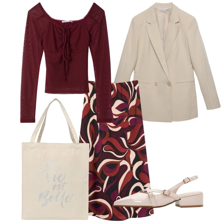 Outfit donna - Miss. Stile Chic per Tutti i giorni. Abbinamento con gonne longuette, décolleté, t-shirt, borse tote, blazer.