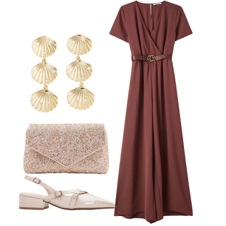 Outfit donna - Classe. Stile Chic per Tutti i giorni. Abbinamento con décolleté, vestiti lunghi, orecchini, pochette.