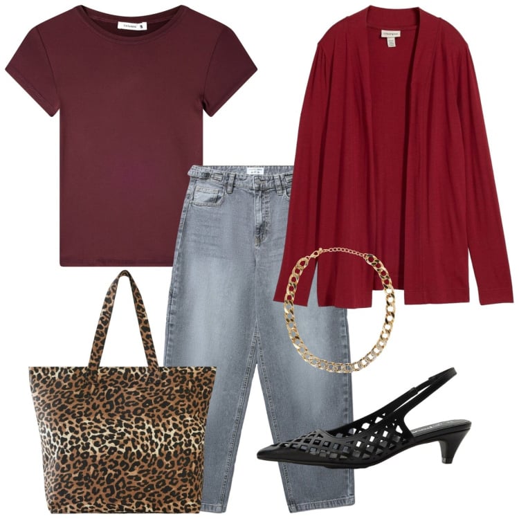 Outfit donna - Chic ogni giorno. Stile Casual per Tutti i giorni. Abbinamento con shopping bag, décolleté, cardigans, collane, jeans, t-shirt.