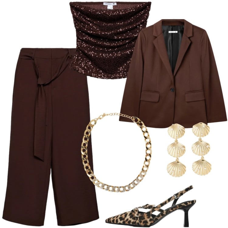 Outfit donna - Terranova Glamour Events: il completo. Stile Glamour per Serata fuori. Abbinamento con collane, blazer, orecchini, décolleté, pantaloni a palazzo, top.