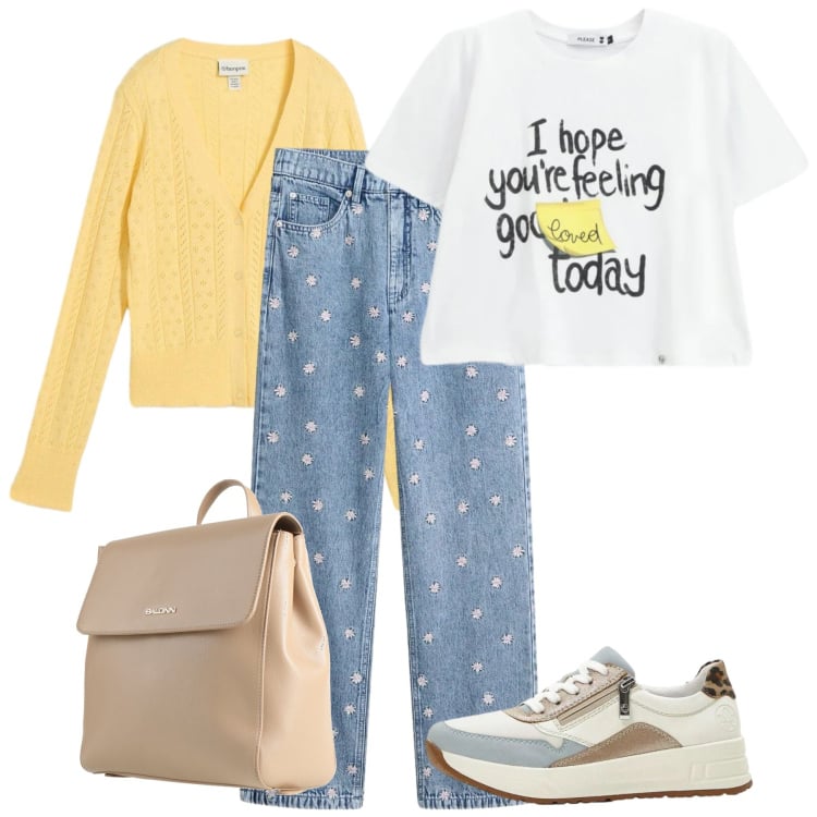 Outfit donna - Feeling good. Stile Basic per Tutti i giorni. Abbinamento con zaini, sneakers, cardigans, jeans dritti, t-shirt.