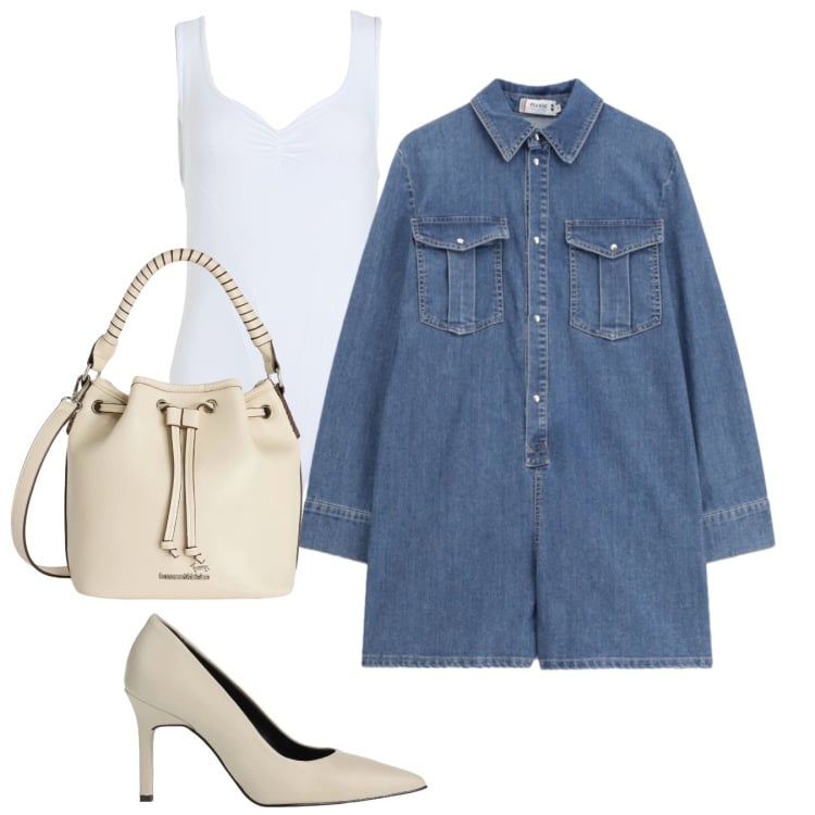 Outfit donna - L\'abito denim. Stile Bon Ton per Ufficio. Abbinamento con décolleté, body, borse a secchiello, tuta corta.