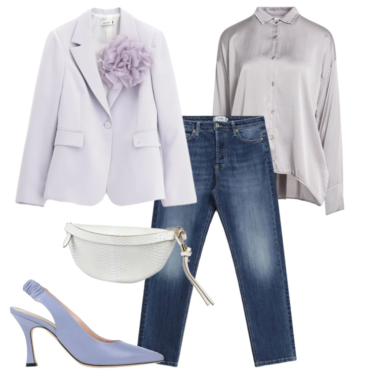 Outfit donna - Compleanno. Stile Casual chic per Tutti i giorni. Abbinamento con camicie, décolleté, marsupi, blazer, jeans.