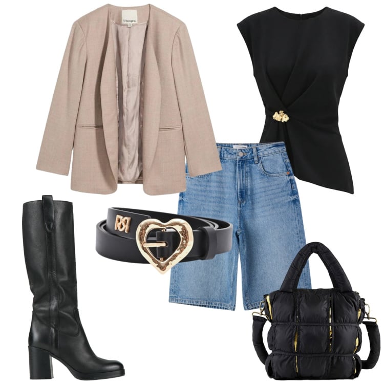 Outfit donna - Contemporanea. Stile Sporty chic per Tutti i giorni. Abbinamento con stivali, blazer, bermuda, top, cinture, borse a mano.