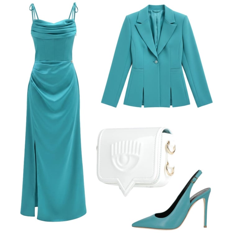 Outfit donna - Cerimonia in smeraldo. Stile Chic per Cerimonia. Abbinamento con marsupi, décolleté, blazer, vestiti lunghi.