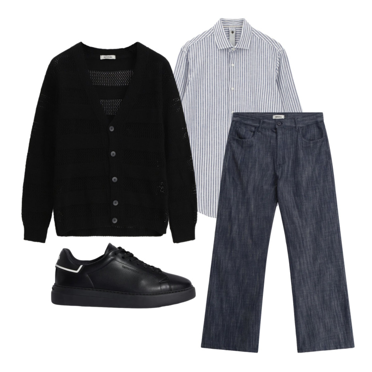 Outfit uomo - Marzo. Stile Trendy per Ufficio. Abbinamento con sneakers, jeans, cardigans, camicie.