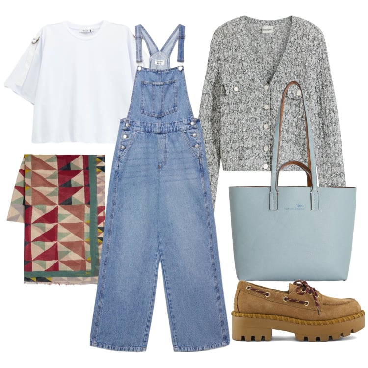 Outfit donna - Marzo. Stile Casual per Tutti i giorni. Abbinamento con cardigans, shopping bag, sciarpe, salopette, t-shirt, mocassini.