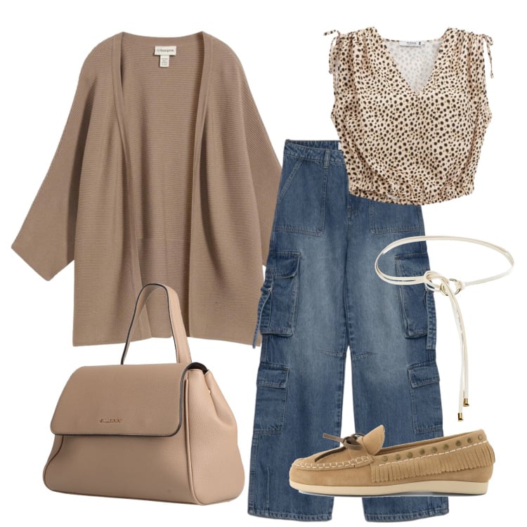 Outfit donna - Marzo. Stile Trendy per Tutti i giorni. Abbinamento con zaini, cardigans, cinture, jeans, top, mocassini.