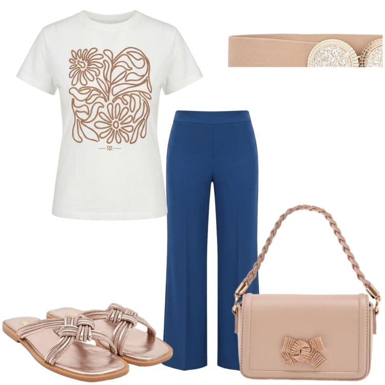 Outfit donna - Sono pronta per uscire. Stile Casual chic per Tutti i giorni. Abbinamento con pochette, cinture, t-shirt, pantaloni a palazzo, sandali.