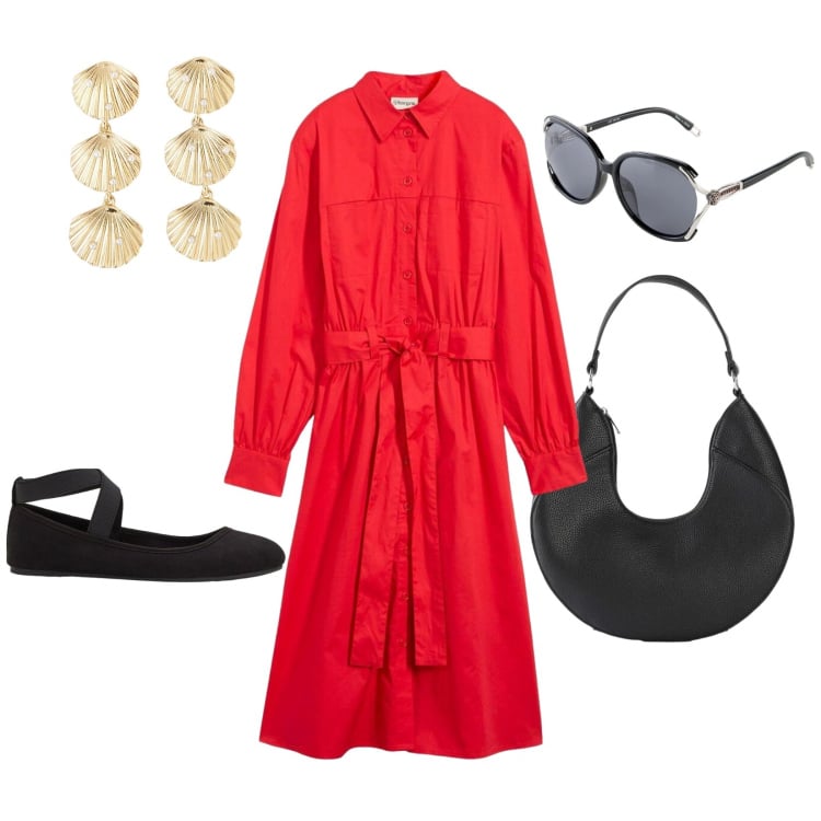 Outfit donna - Spagna. Stile Chic per Scuola/Università. Abbinamento con ballerine, occhiali da sole, borse a mano, vestiti chemisier, orecchini.