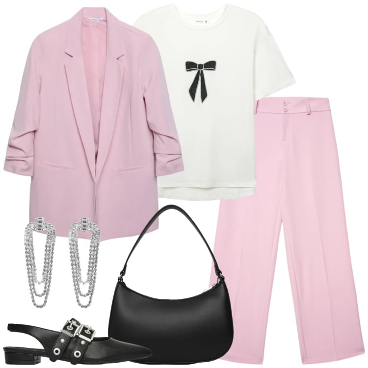 Outfit donna - Contrasti. Stile Casual chic per Cerimonia. Abbinamento con orecchini, t-shirt, ballerine, pantaloni, blazer, borse a tracolla.