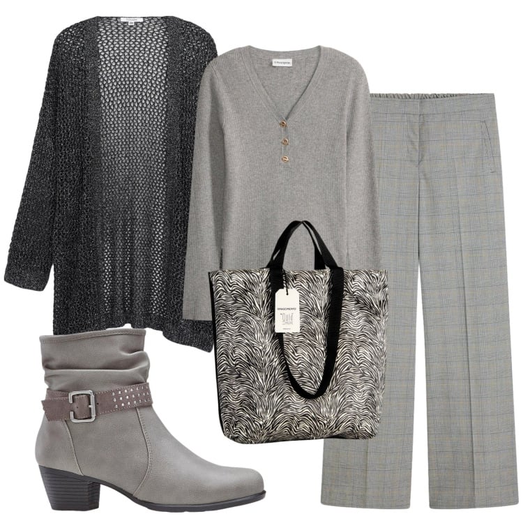 Outfit donna - Total look #2371232. Stile Basic per Ufficio. Abbinamento con pantaloni, stivaletti, maglieria, kimono, borse tote.