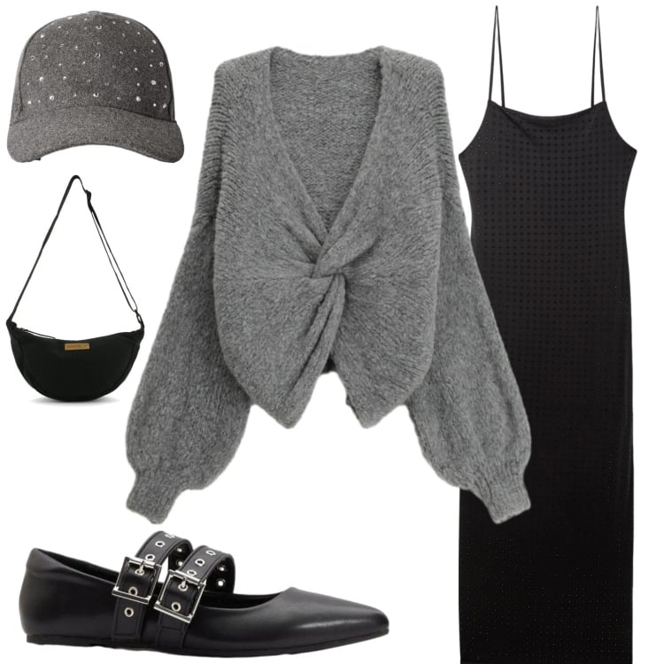Outfit donna - Soft Grunge Elegance in Grigio & Nero. Stile Minimal per Tutti i giorni. Abbinamento con ballerine, vestiti lunghi, collane, cappelli con visiera, cardigans, borse a tracolla.