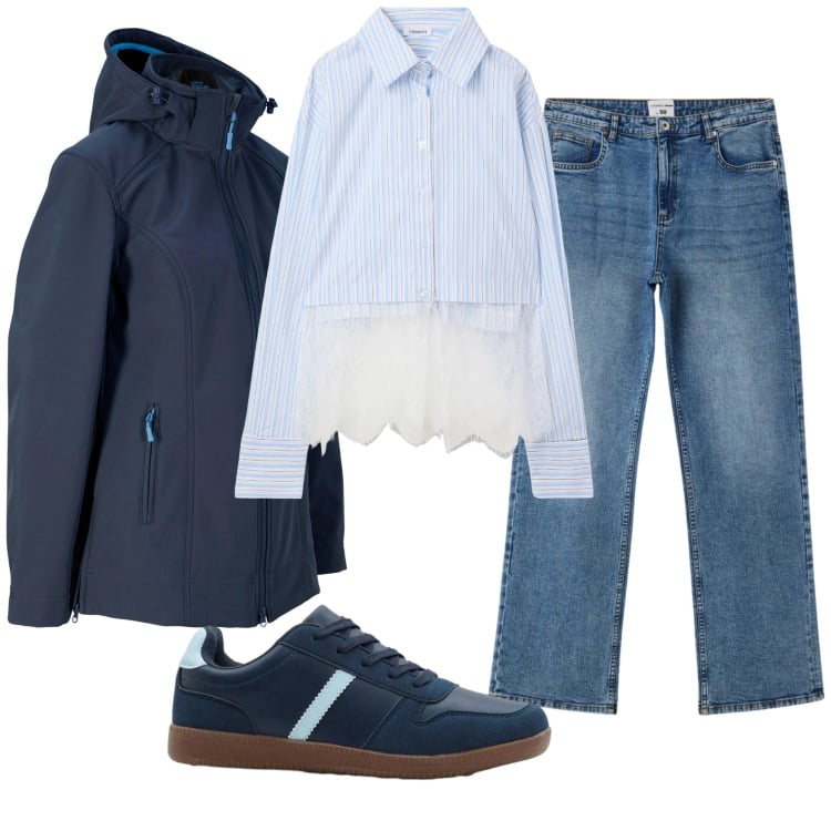 Outfit donna - Total look #2371235. Stile Casual per Ufficio. Abbinamento con blazer, sneakers, camicie, jeans dritti.