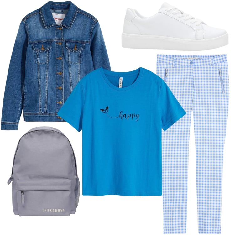 Outfit donna - Area picnic. Stile Basic per Tutti i giorni. Abbinamento con t-shirt, blazer, sneakers, pantaloni, zaini.