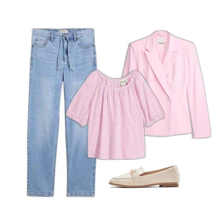 Outfit femme - Blazer rose. Style Romantique pour Bureau. Assortir avec mocassins, tuniques, jean coupe droite, blazers.