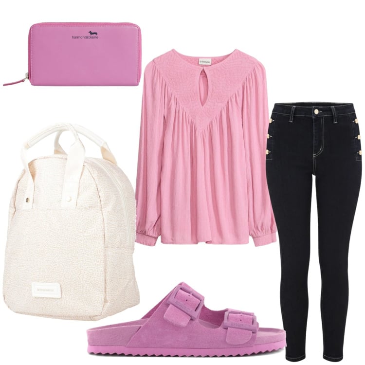 Outfit donna - marzo= rosa. Stile Casual per Tutti i giorni. Abbinamento con zaini, tuniche, portafogli, jeans skinny, sandali in pelle.