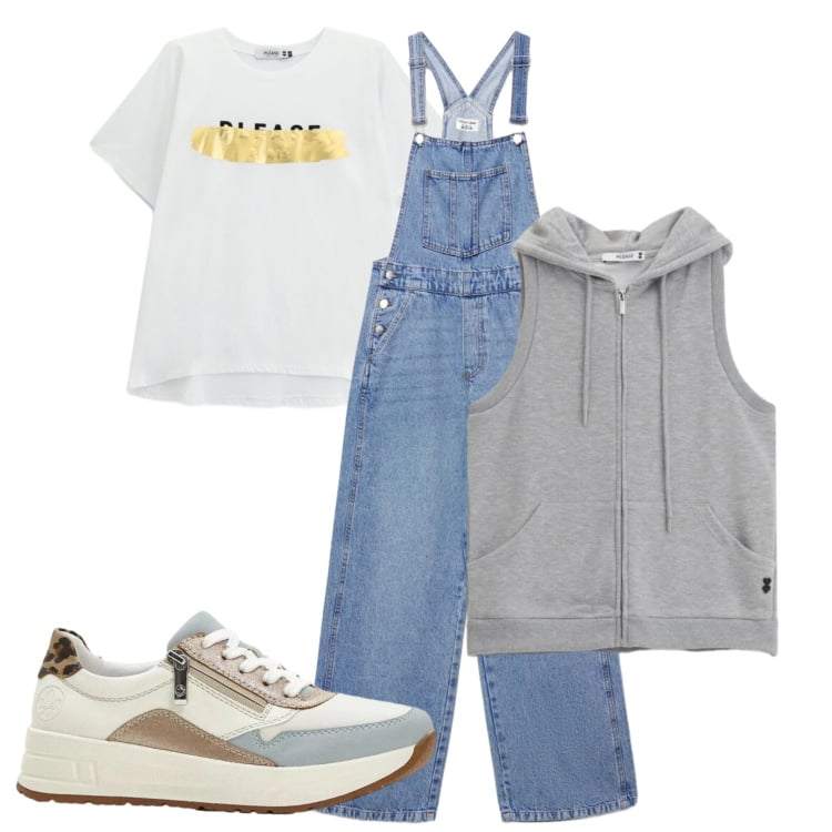 Outfit donna - Casual style. Stile Casual per Tutti i giorni. Abbinamento con sneakers, salopette, felpe con cappuccio, t-shirt.
