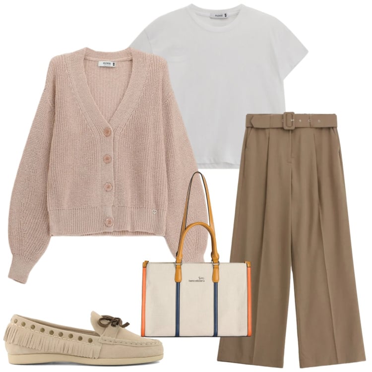 Outfit donna - Fine marzo. Stile Casual chic per Ufficio. Abbinamento con borse tote, pantaloni a palazzo, t-shirt, cardigans, mocassini.