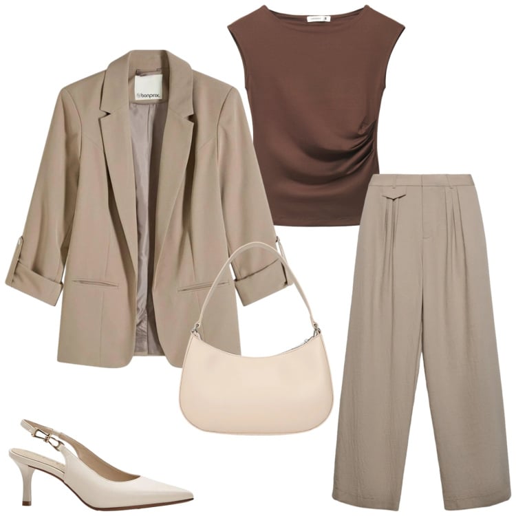 Outfit donna - In ufficio. Stile Casual chic per Ufficio. Abbinamento con blazer, décolleté, t-shirt, borse a tracolla, pantaloni.