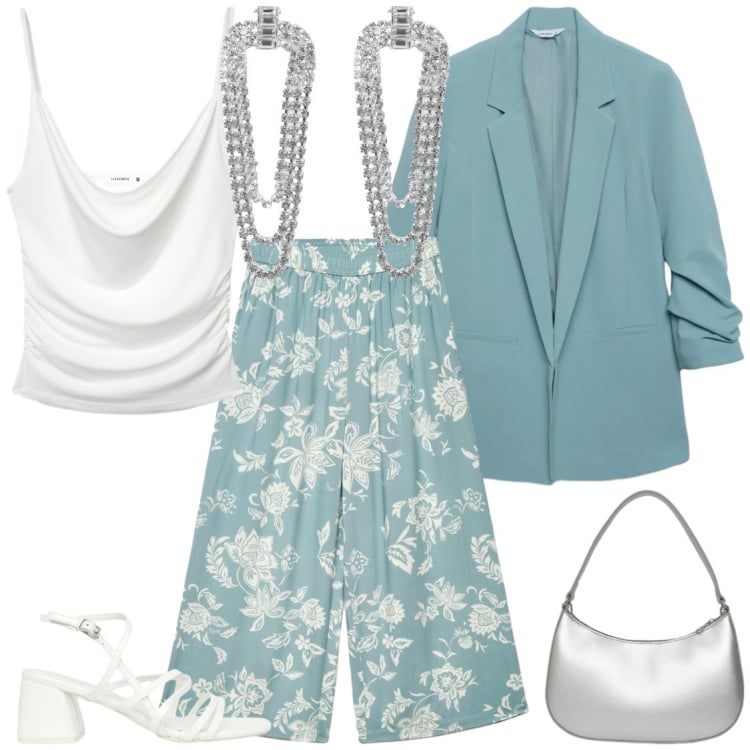 Outfit donna - Verde acqua. Stile Bon Ton per Cerimonia. Abbinamento con orecchini, blazer, borse a tracolla, canottiere, pantaloni a palazzo, sandali col tacco.