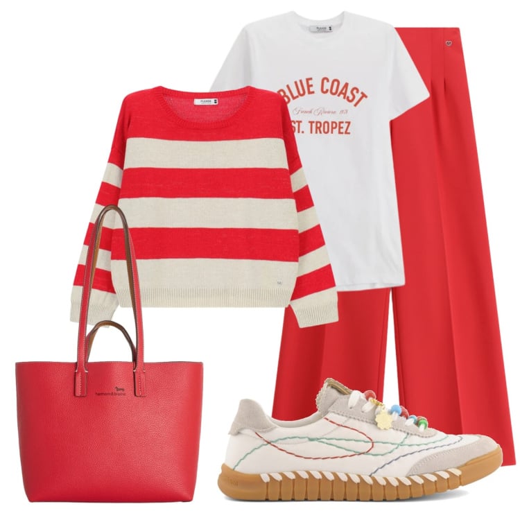 Outfit donna - Vado a pranzo al mare. Stile Casual chic per Tutti i giorni. Abbinamento con shopping bag, maglieria, pantaloni a palazzo, t-shirt, sneakers.