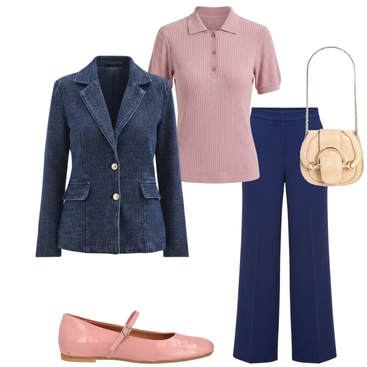 Outfit donna - Casual chic. Stile Casual chic per Ufficio. Abbinamento con marsupi, ballerine, blazer, pantaloni a palazzo, polo.