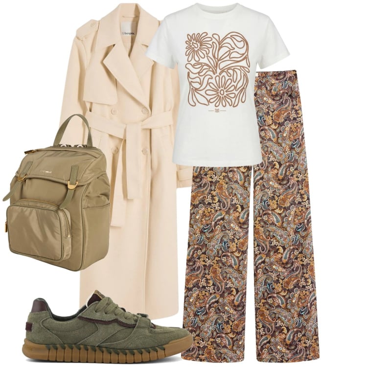 Outfit donna - Gita del fine settimana. Stile Casual chic per Tutti i giorni. Abbinamento con zaini, trench, pantaloni, t-shirt, sneakers.