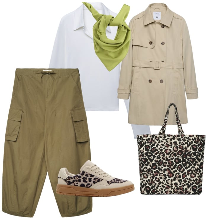 Outfit donna - Sabato mattina. per Tutti i giorni. Abbinamento con sneakers, polo, trench, shopping bag, pantaloni cargo, foulard.