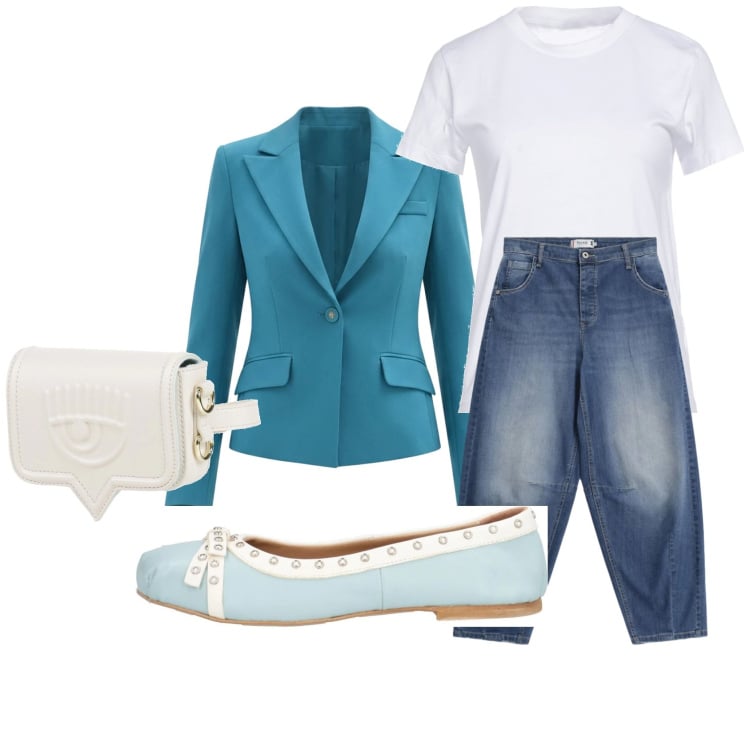 Outfit donna - Piatta ma con stile. Stile Casual chic per Tutti i giorni. Abbinamento con marsupi, ballerine, t-shirt, jeans, blazer.