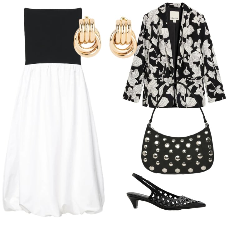 Outfit donna - Cerimonia in bianco e nero. per Cerimonia. Abbinamento con blazer, orecchini, décolleté, vestiti midi/longuette, borse a tracolla.