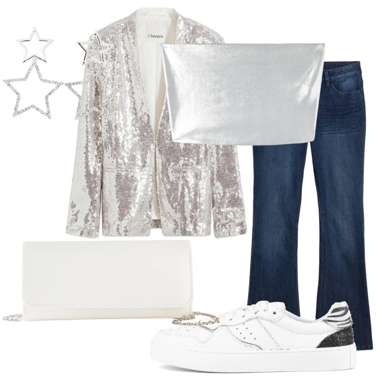 Outfit donna - Brillante sabato sera. Stile Rock per Serata fuori. Abbinamento con blazer, pochette, jeans a zampa, orecchini, top, sneakers.