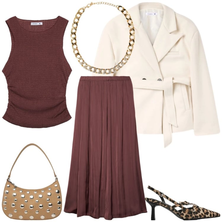 Outfit donna - Serate glam. Stile Glamour per Serata fuori. Abbinamento con collane, blazer, décolleté, gonne longuette, borse a tracolla, top.