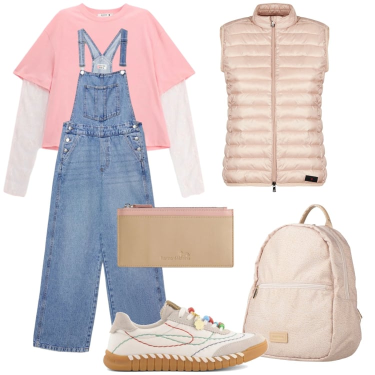 Outfit donna - La salopette. Stile Trendy per Tutti i giorni. Abbinamento con zaini, portafogli, salopette, t-shirt, piumini, sneakers.