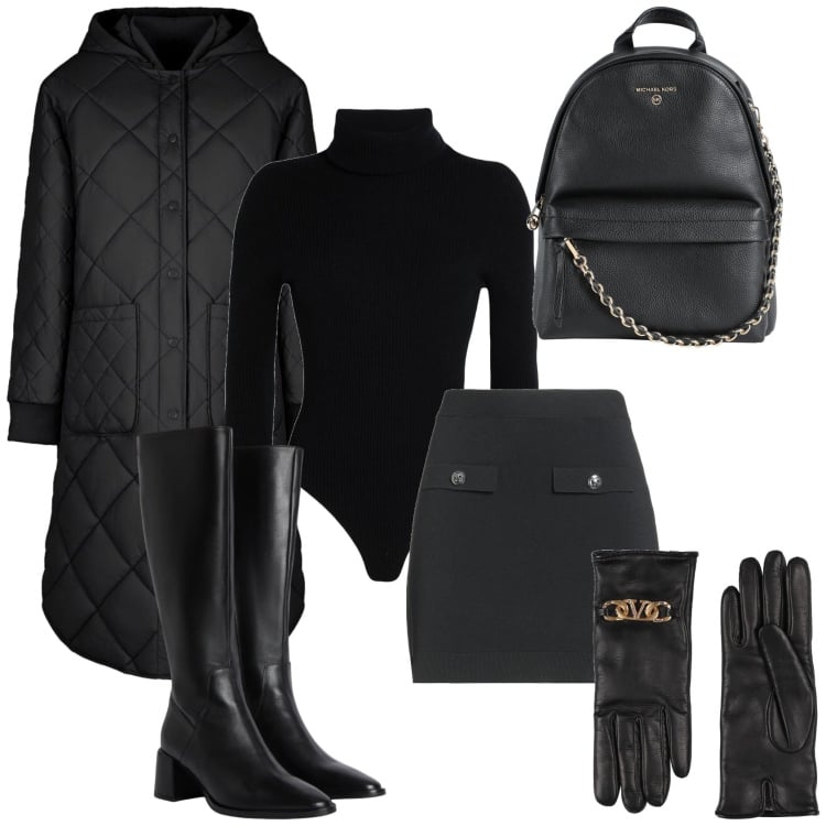 Outfit donna - Outifit n. 8. Stile Chic per Ufficio. Abbinamento con zaini, minigonne, guanti, body, stivali sopra il ginocchio, cappotti.