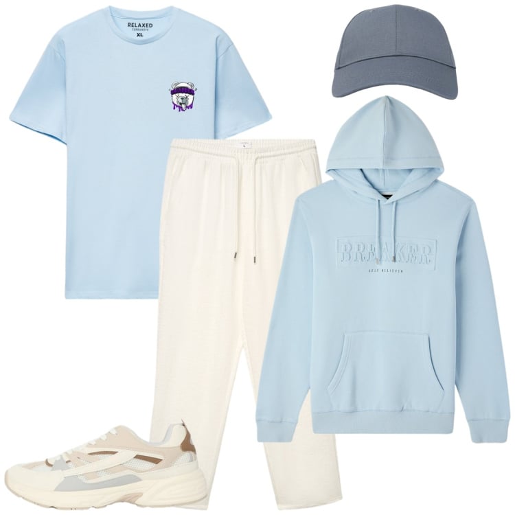 Outfit uomo - Sport in primavera. Stile Casual per Sport. Abbinamento con pantaloni, felpe con cappuccio, sneakers, cappelli con visiera, t-shirt.