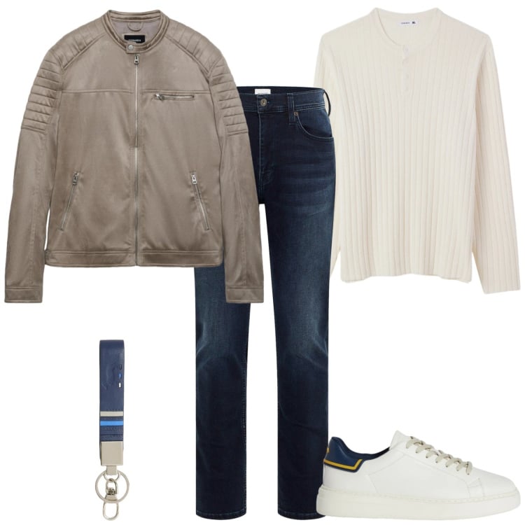 Outfit uomo - Ok così. Stile Casual per Tutti i giorni. Abbinamento con jeans slim fit, portachiavi, sneakers, giacche, maglieria.