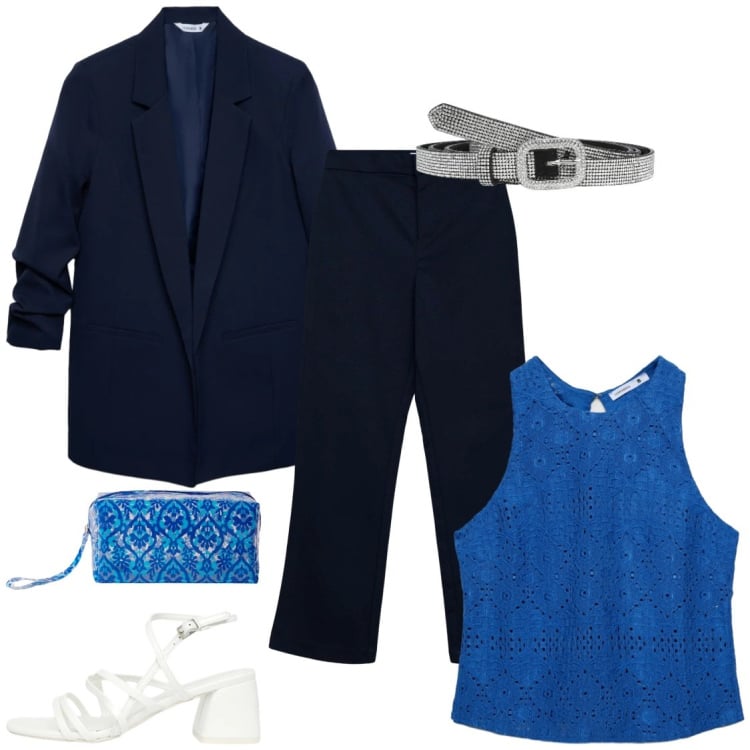 Outfit donna - Blu scuro e blu cobalto. Stile Glamour per Serata fuori. Abbinamento con cinture, pochette, pantaloni, blazer, top, sandali col tacco.