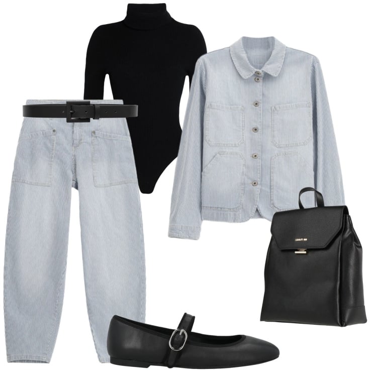 Outfit donna - Per una giornata sono ballerina. Stile Casual chic per Ufficio. Abbinamento con zaini, ballerine, body, jeans, blazer, cinture.