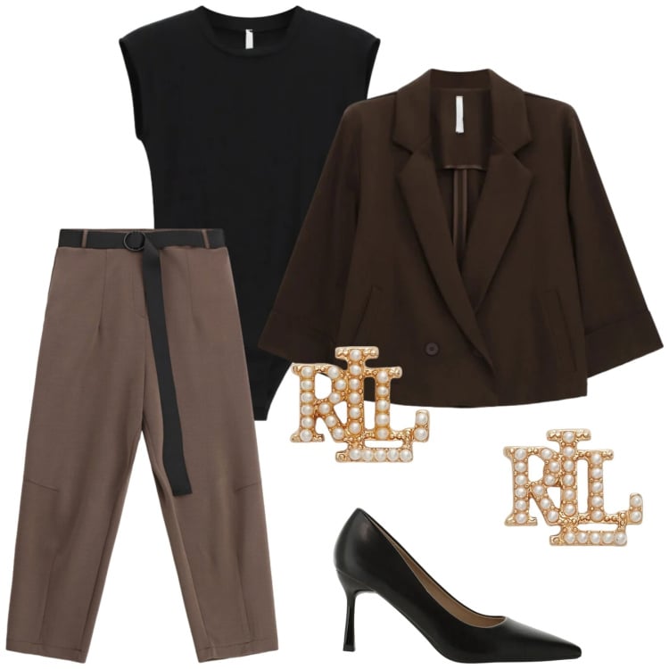 Outfit donna - Imperial. Stile Trendy per Serata fuori. Abbinamento con t-shirt, décolleté, blazer, pantaloni, orecchini.