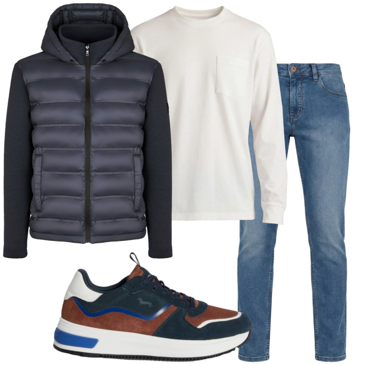 Outfit uomo - In saldo. Stile Casual per Tutti i giorni. Abbinamento con t-shirt, jeans, sneakers, piumini.